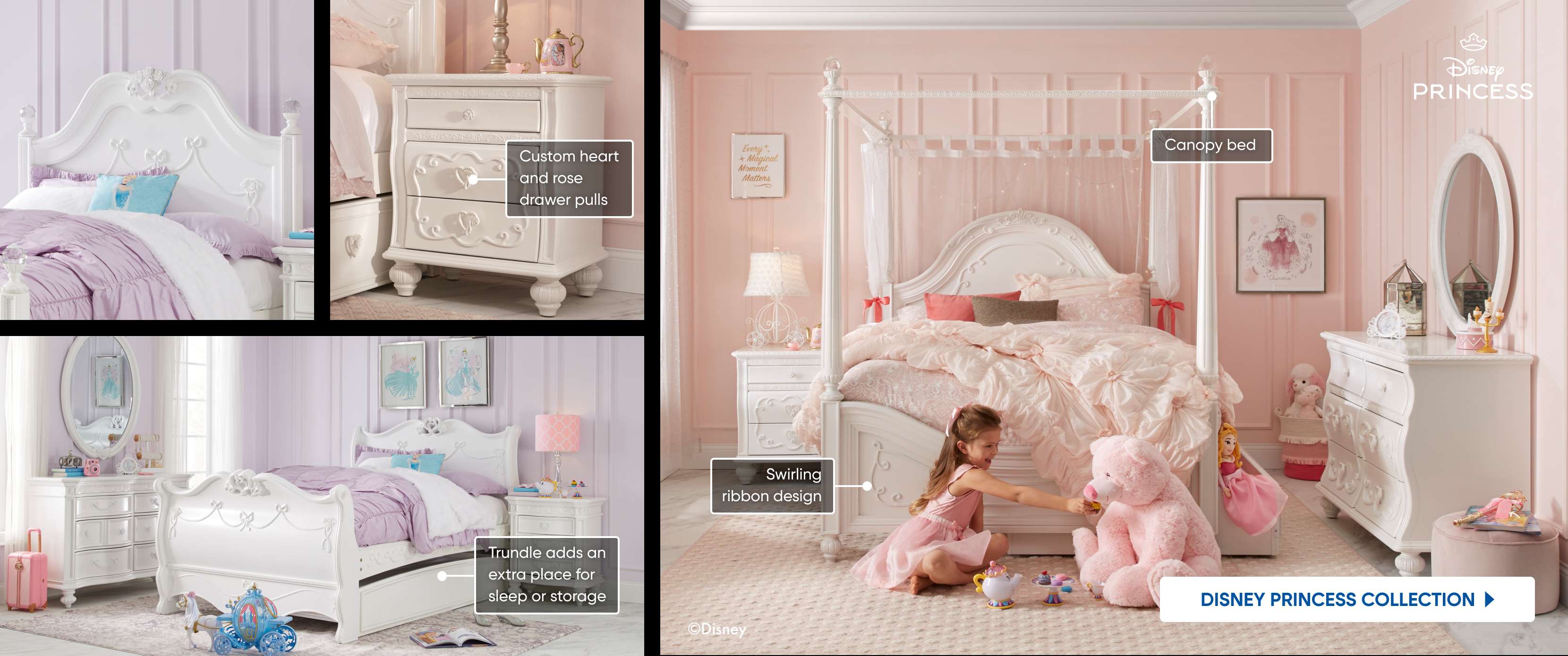 Disney Princess Collection. Canopy bed, dresser, and nightstand.
