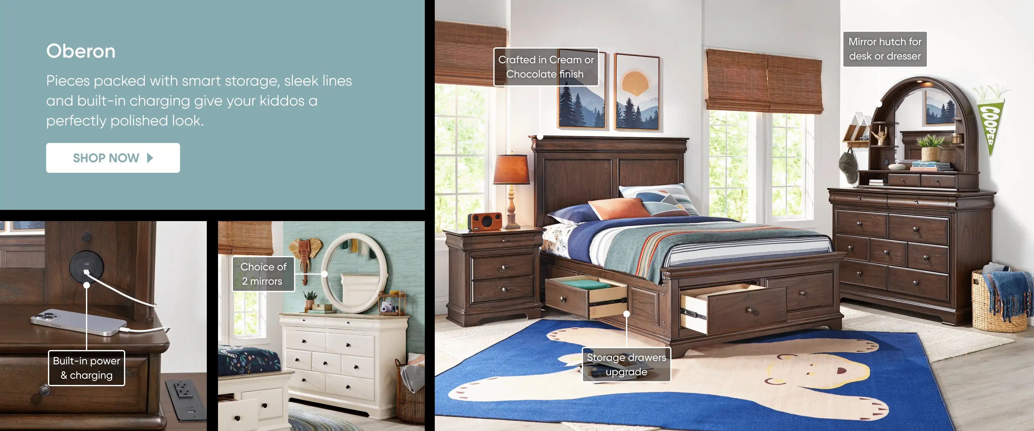 Oberon bedroom furniture set with built-in charging, storage drawers, and mirror hutch.
