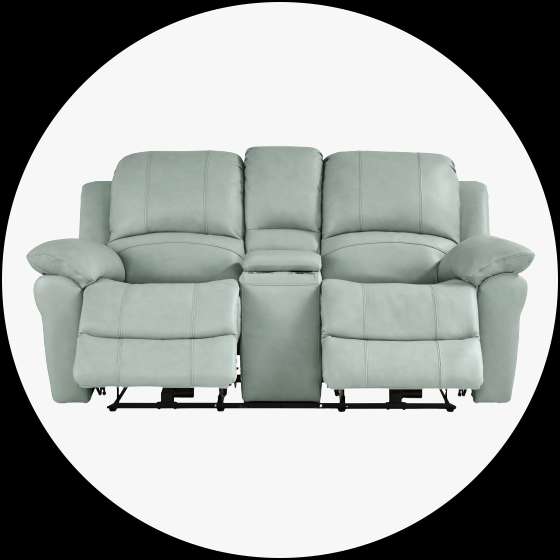 Light blue reclining sofa with a center console.
