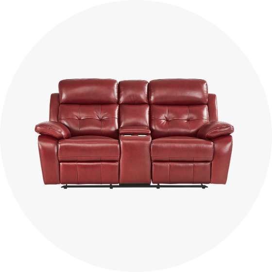 Red leather reclining loveseat with a center console.
