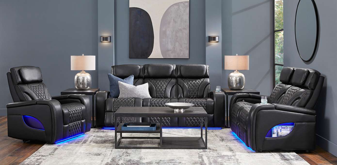 Black leather home theater seating set.
