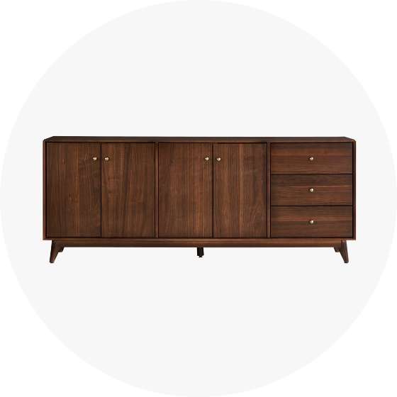 Dark brown wooden sideboard with doors and drawers.
