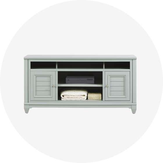 Light blue TV stand with doors and open shelves.
