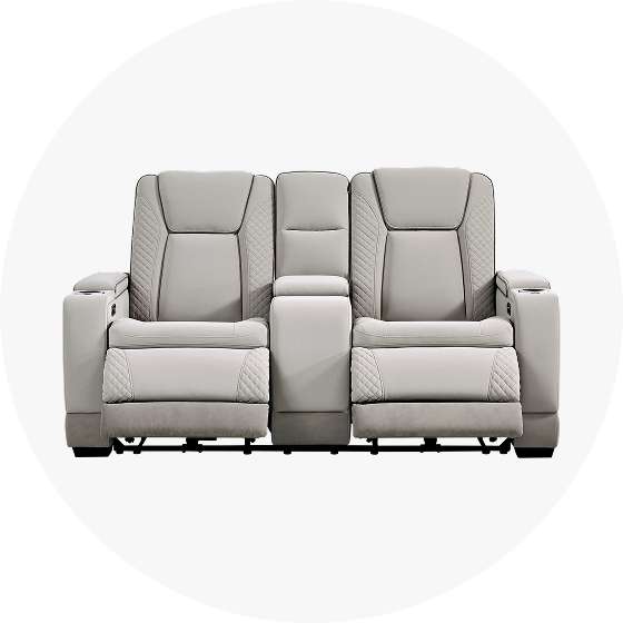 Gray leather reclining loveseat with a center console.
