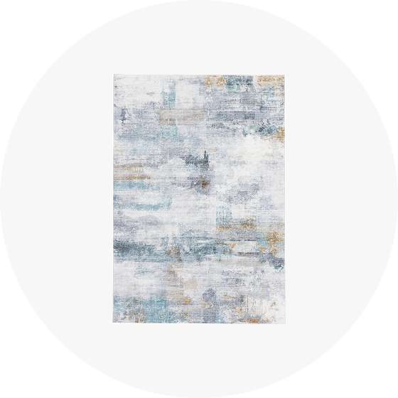 Abstract area rug with blue, gray, and gold tones.
