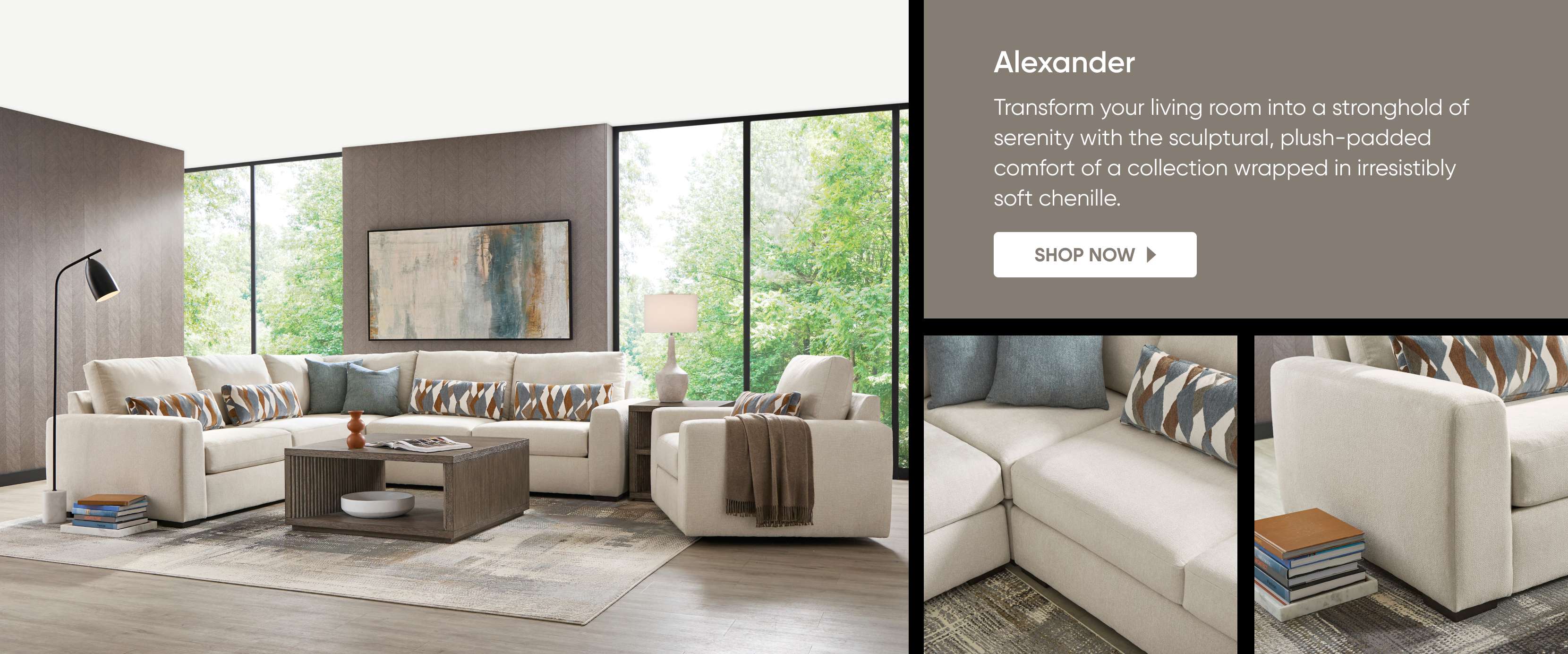 Alexander. Shop Now. A living room with a sectional sofa and accent chair.
