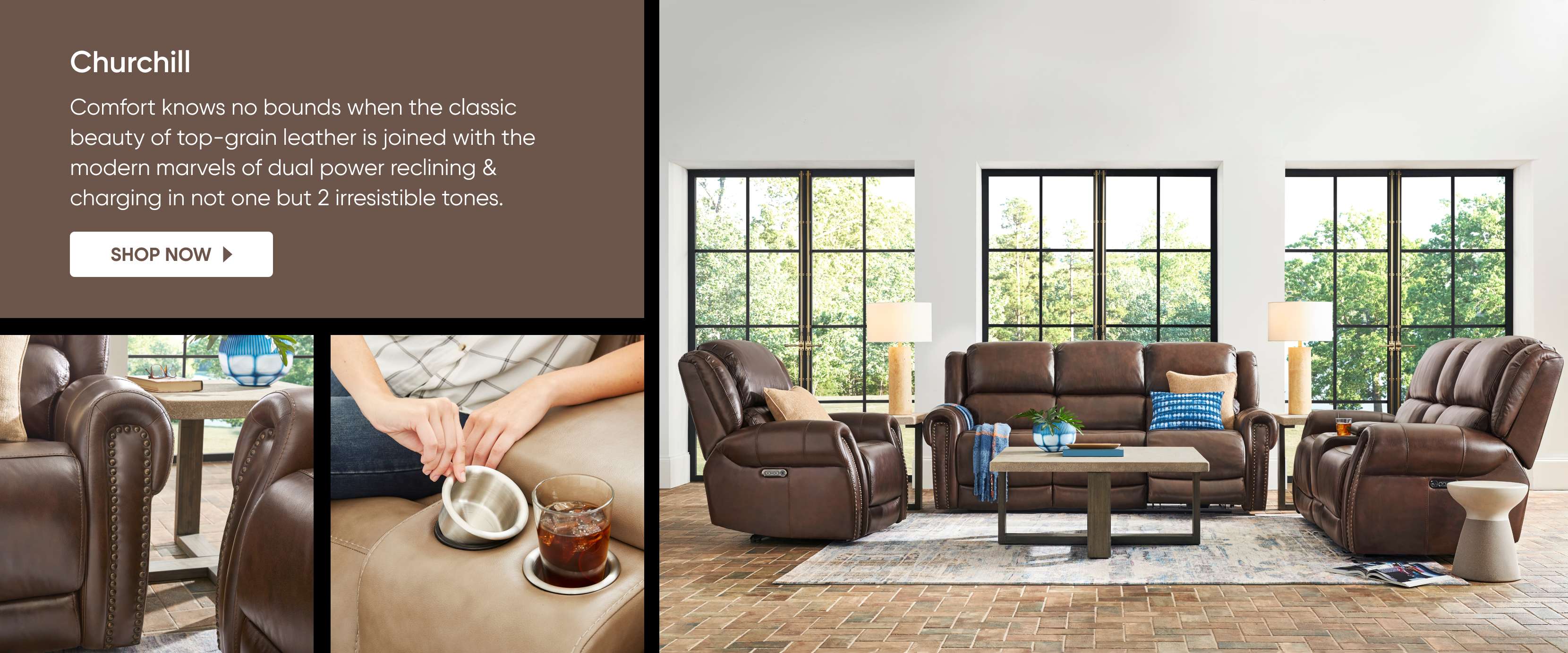 Churchill. Shop now. Brown leather reclining sofa and chairs.
