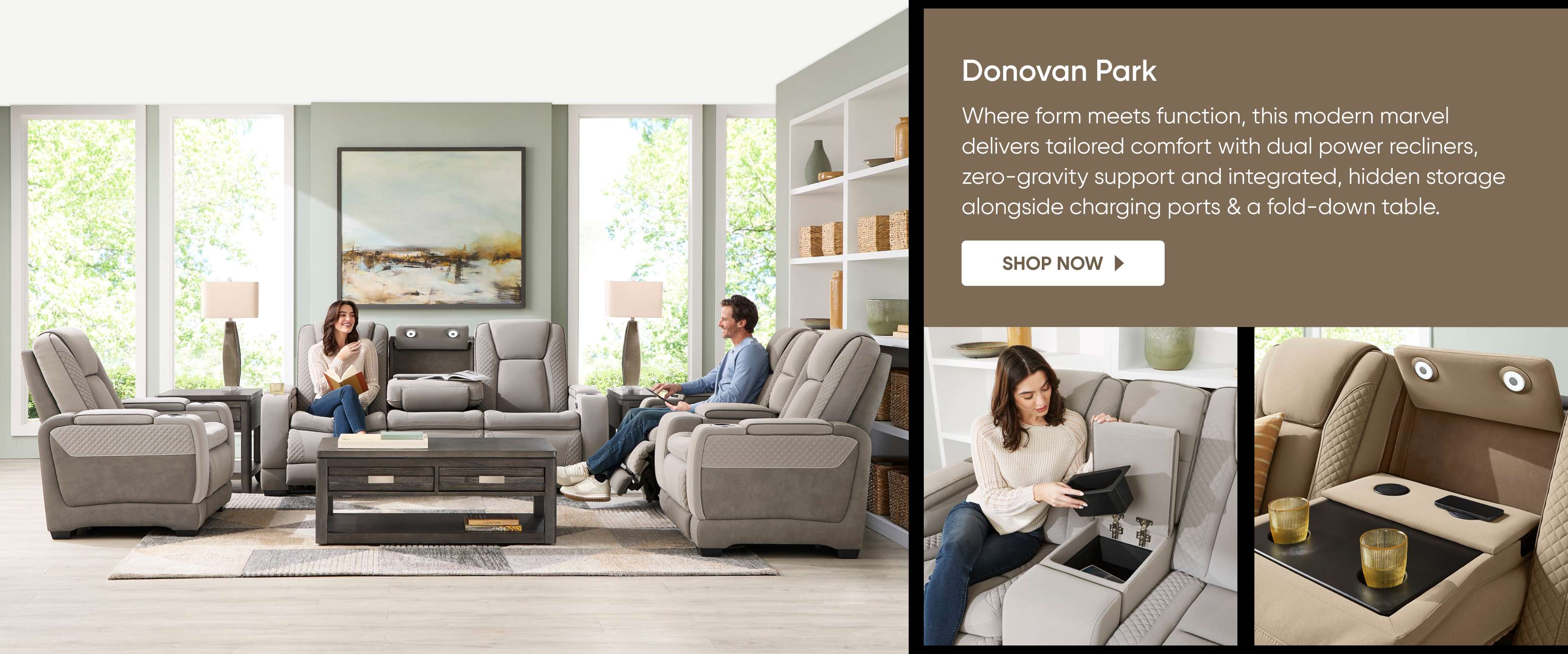 Donovan Park. Modern recliner with dual power recliners, charging ports, and a fold-down table.

