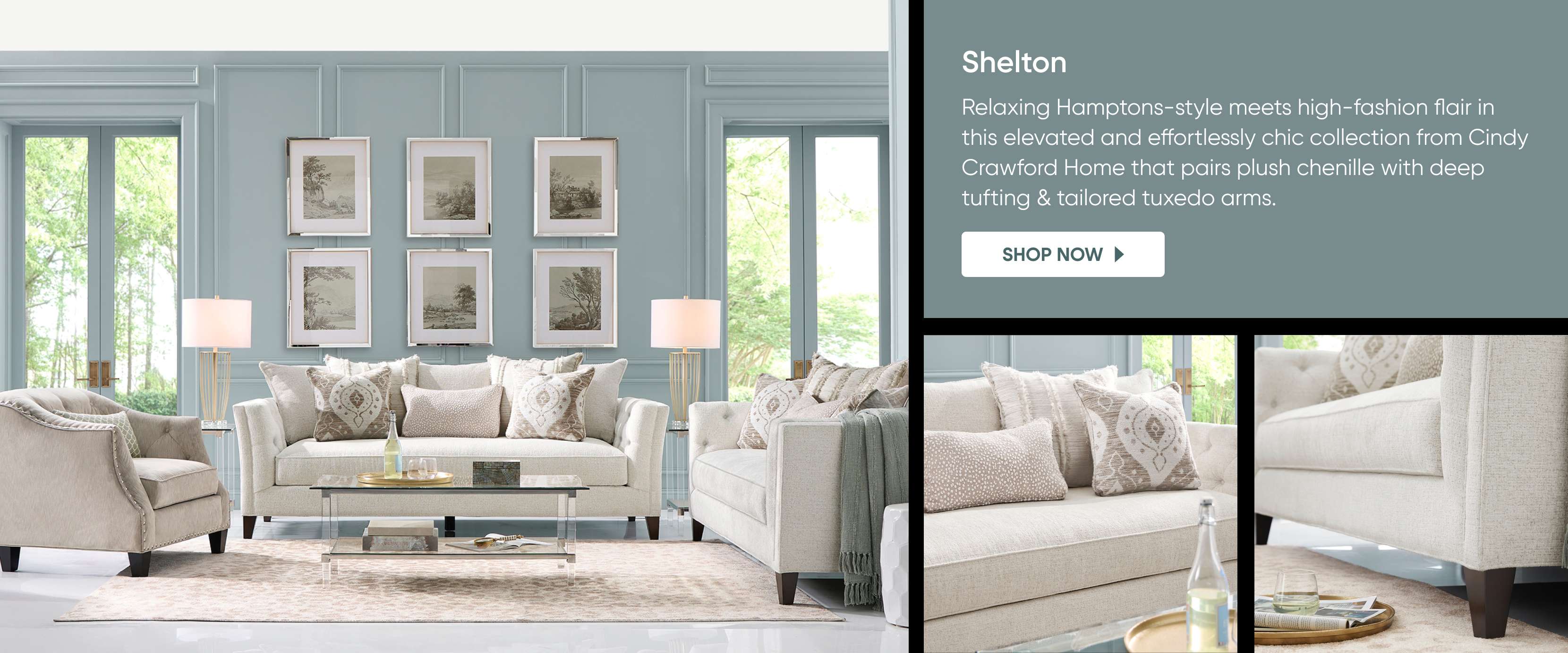 Shelton. Shop now. Interior with furniture.
