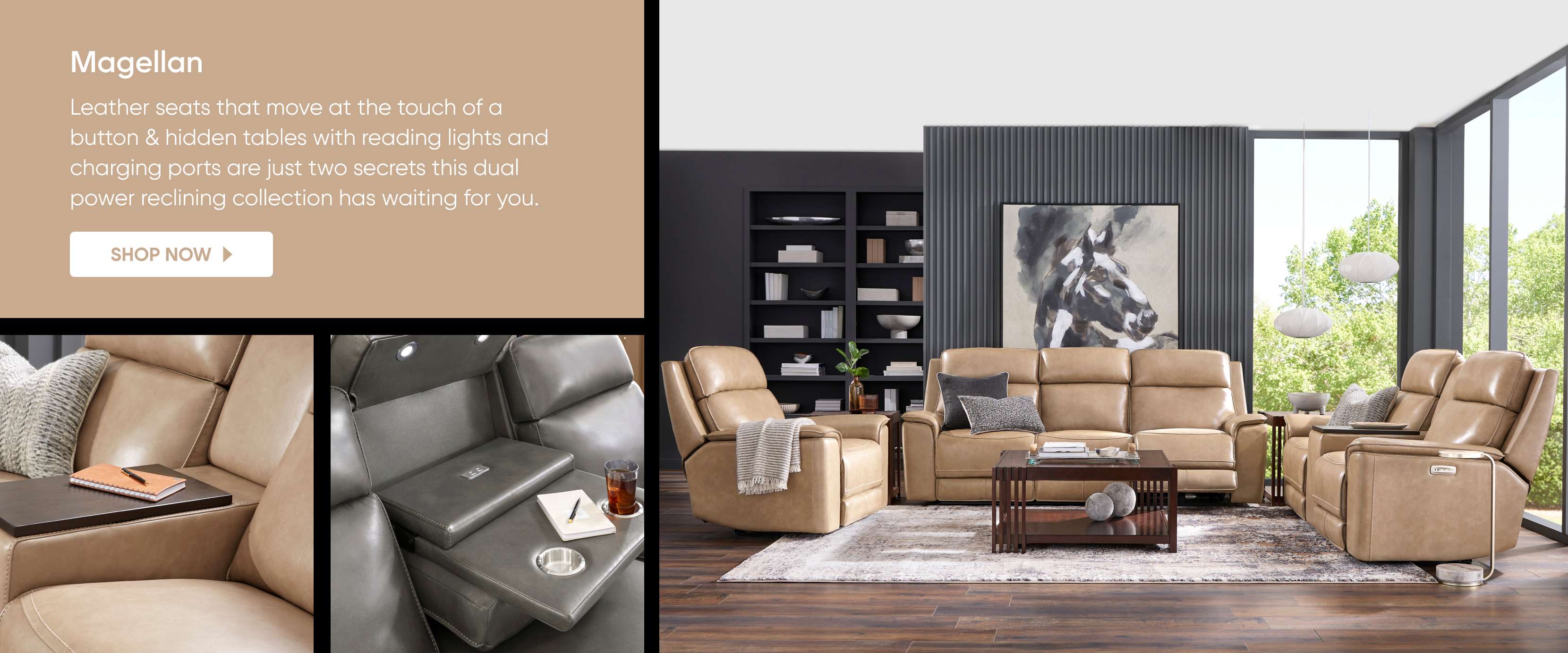 Magellan. Leather seats with hidden tables, reading lights, and charging ports.
