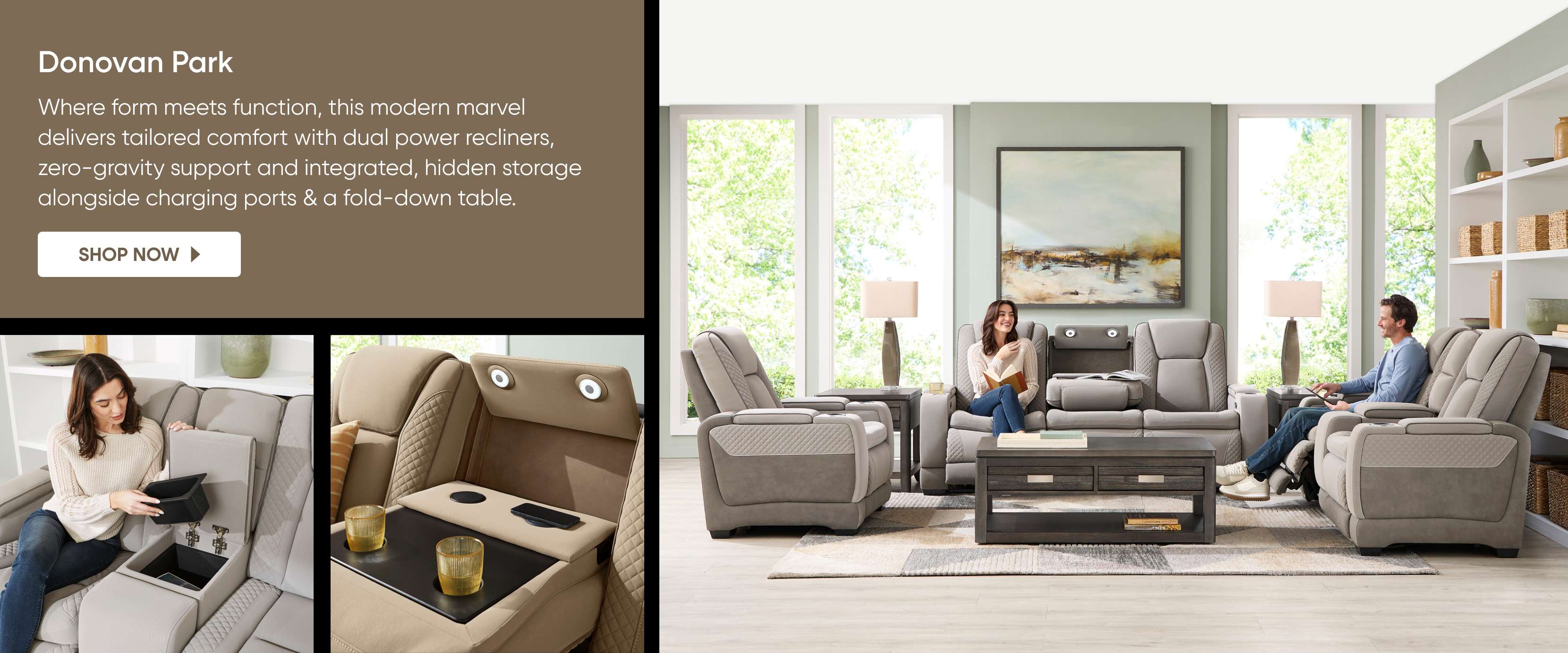 Donovan Park. Modern recliner with dual power recliners, zero-gravity support, hidden storage, charging ports, and a fold-down table.
