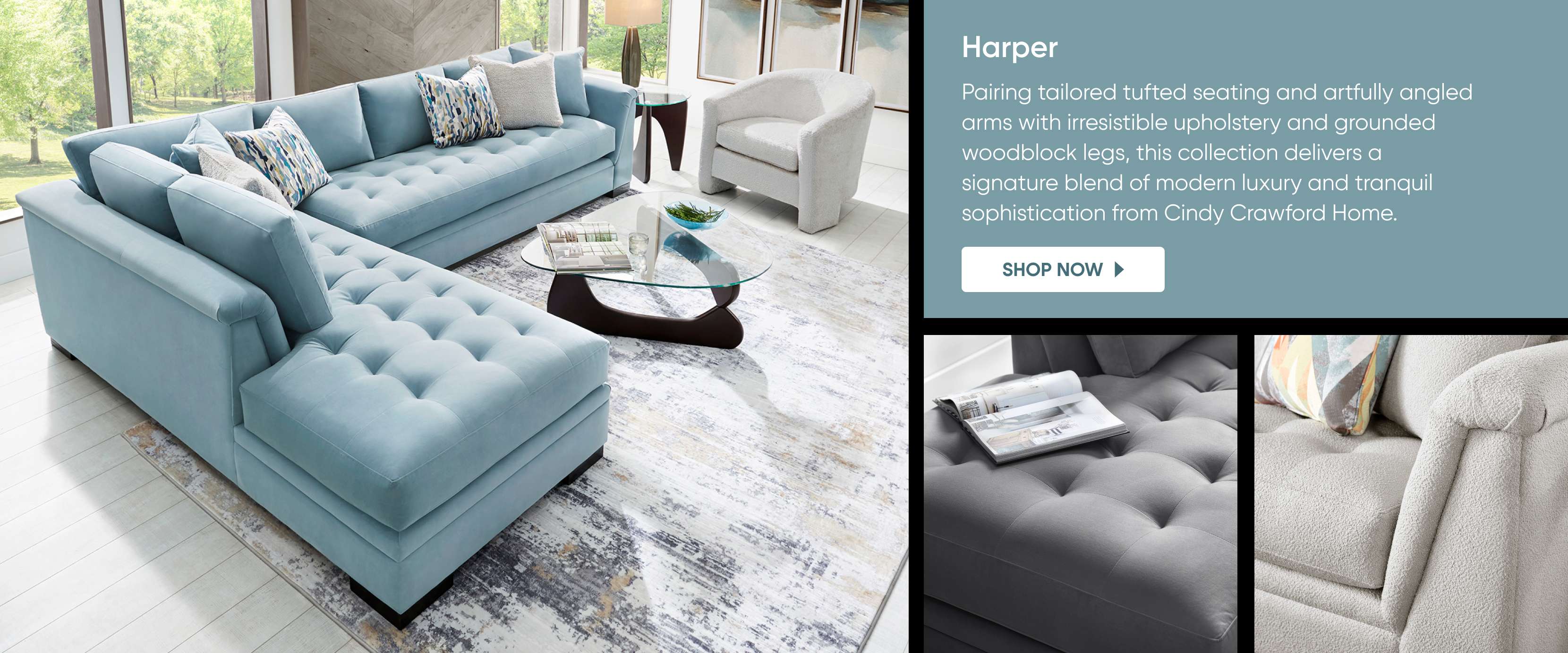 Harper. A blue sectional sofa with tufted seating.
