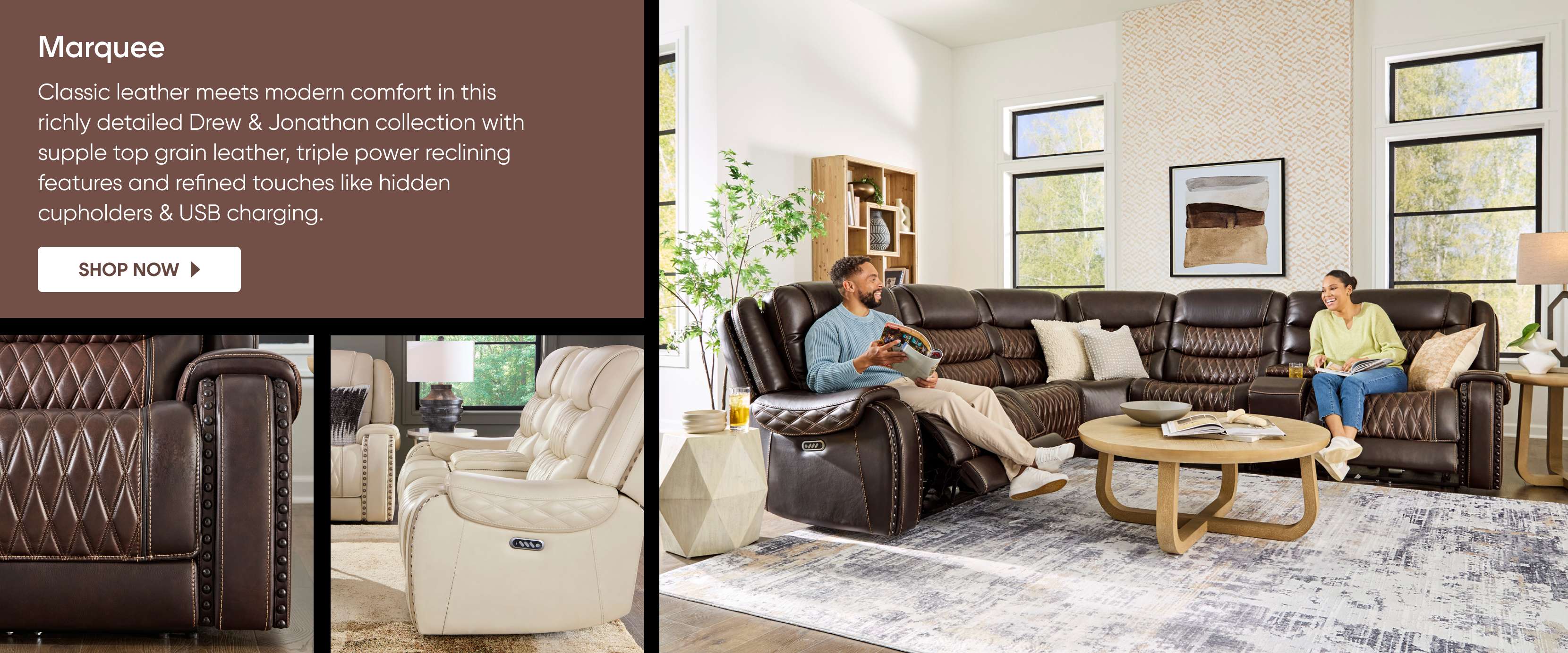 Marquee. Classic leather sectional sofa with hidden cupholders and USB charging.
