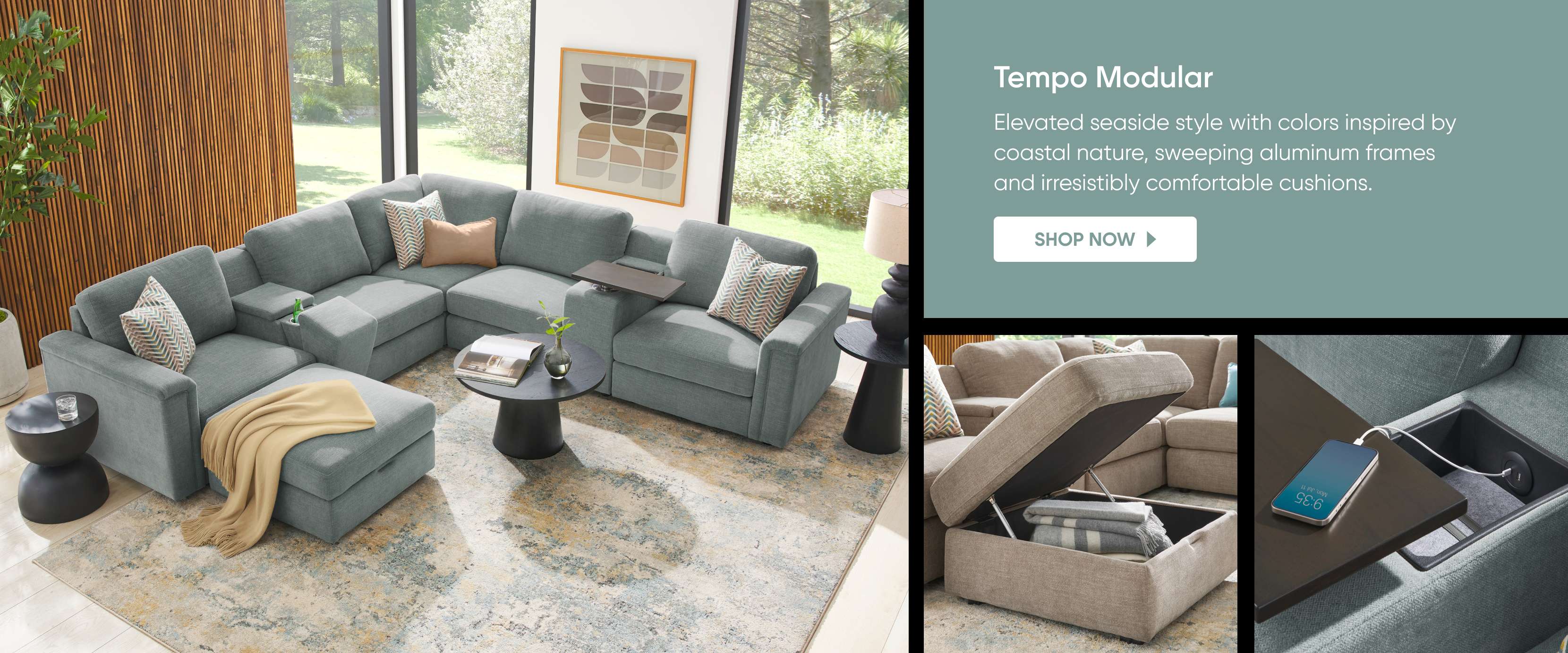Tempo Modular. A sectional sofa with a storage ottoman and built-in charging station.
