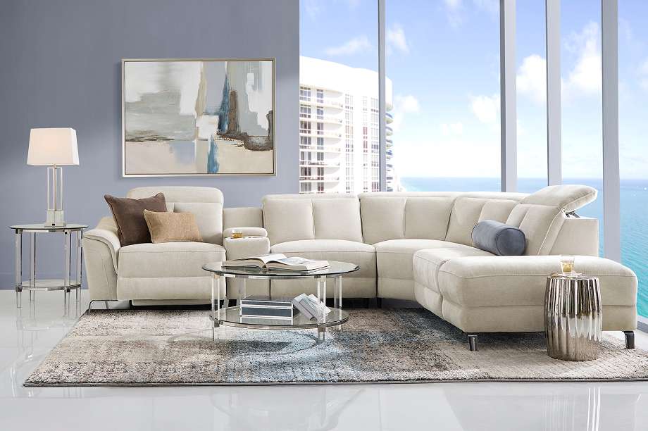 Beige sectional sofa in a modern living room.
