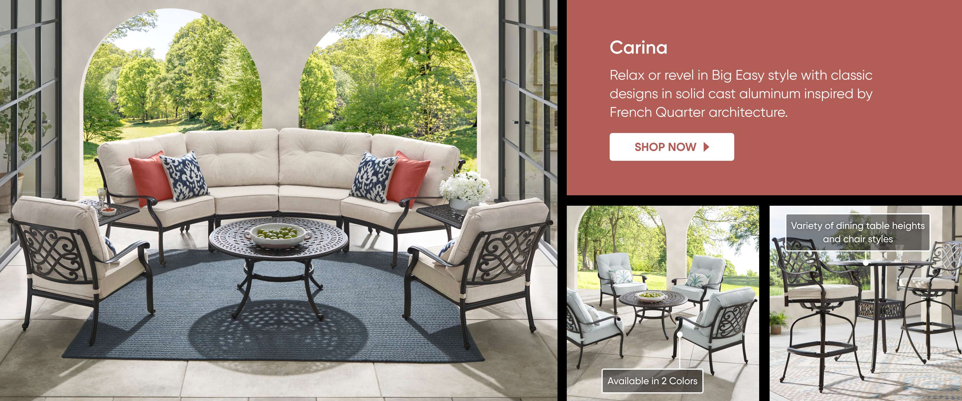 Carina. Shop now. Outdoor furniture set. Available in 2 colors. Variety of dining table heights and chair styles.
