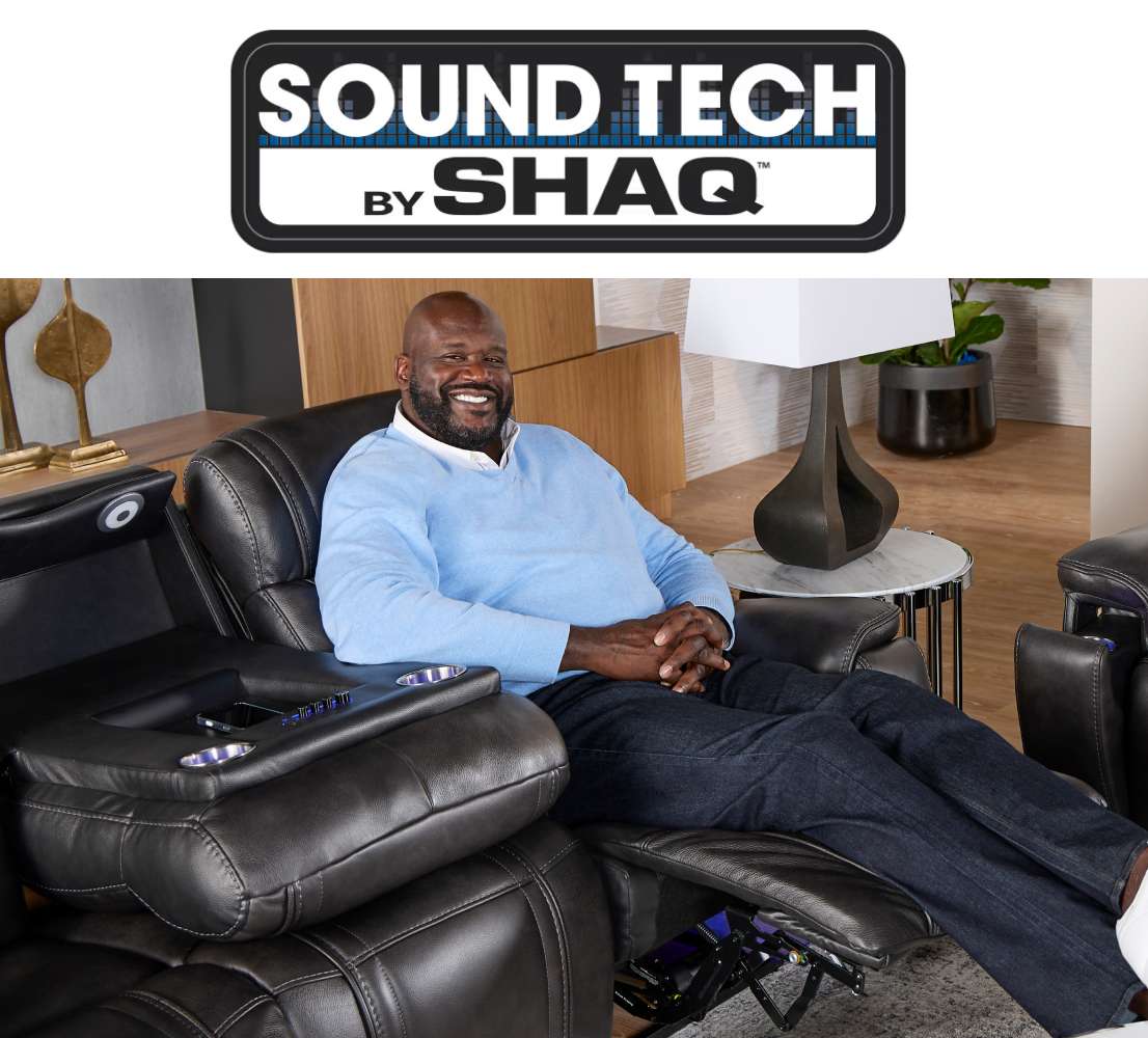 SOUND TECH by SHAQ. Shaquille O'Neal sitting in a black recliner.
