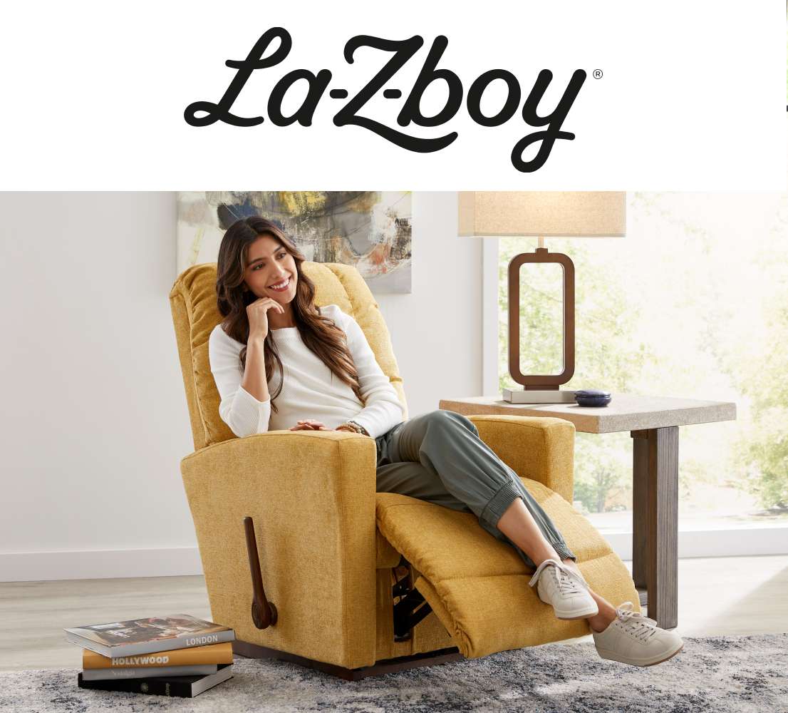 La-Z-Boy logo. A woman relaxes in a yellow recliner.

