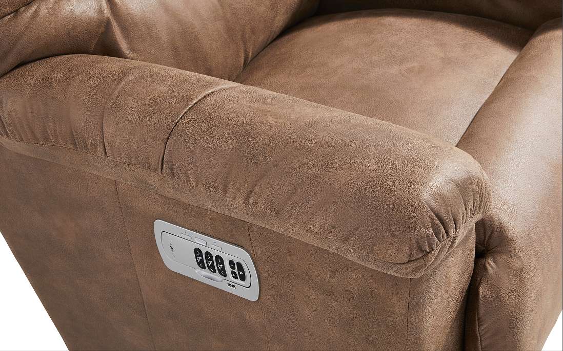 Brown leather recliner with control panel on the arm.
