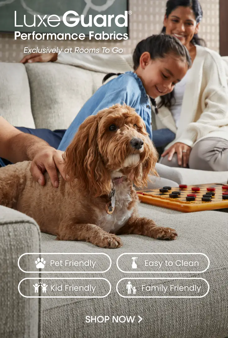 LuxeGuard Performance Fabrics at Rooms To Go. A family and their dog on a sofa with icons for pet, kid, and family friendly.