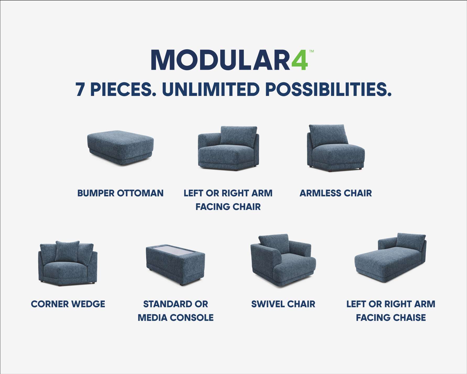 MODULAR4. 7 pieces of modular furniture: bumper ottoman, arm facing chair, armless chair, corner wedge, media console, swivel chair, and arm facing chaise.
