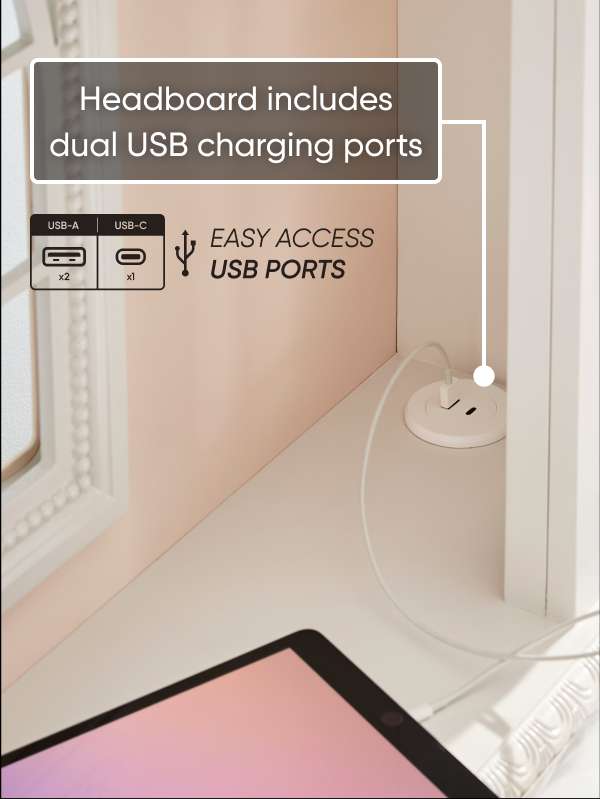 Headboard with dual USB charging ports.
