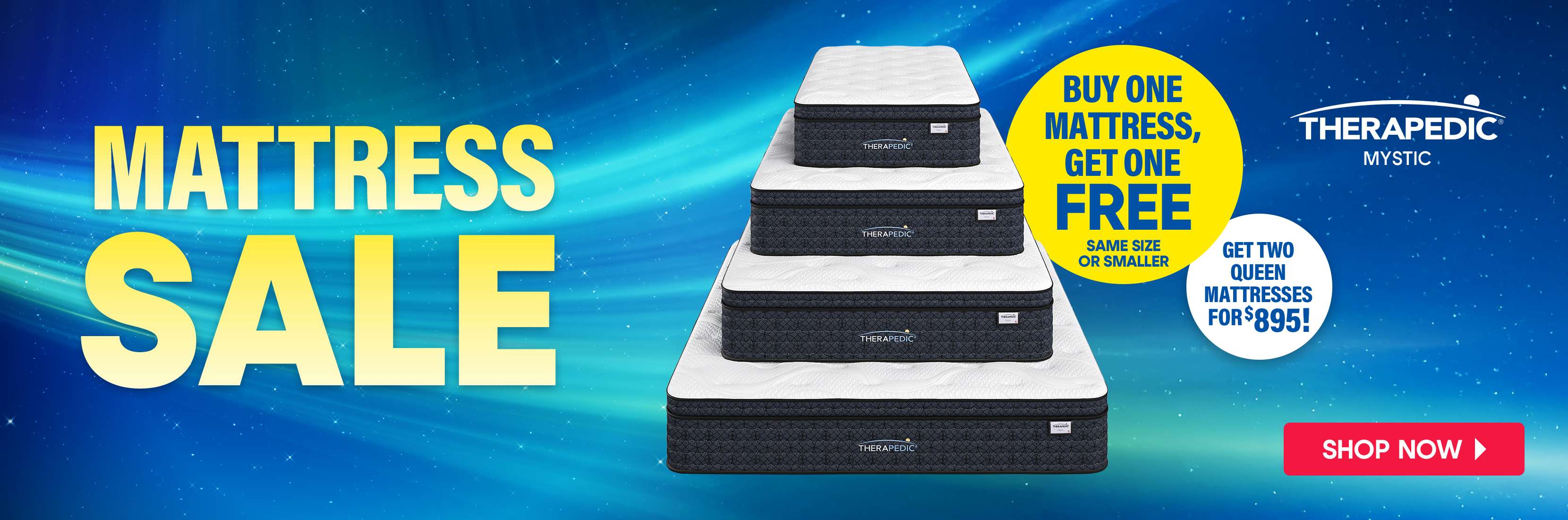Mattress sale with "Buy One Get One Free" and "Get Two Queen Mattresses for $895!"