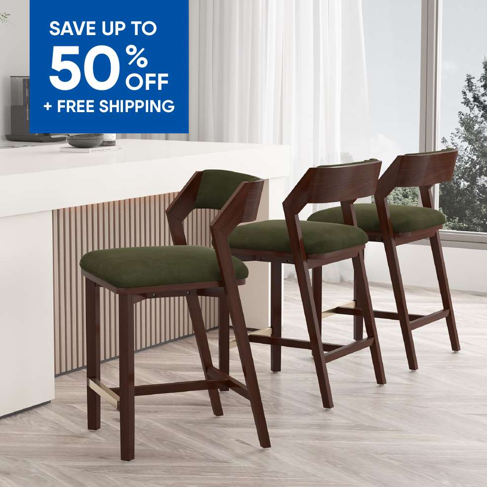 SAVE UP TO 50% OFF + FREE SHIPPING. Three dark wood bar stools with green seats.

