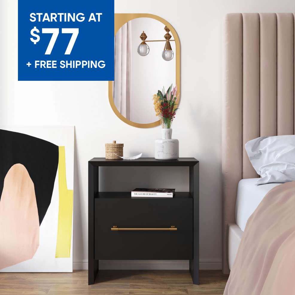 STARTING AT $77 + FREE SHIPPING. Black nightstand with gold hardware.