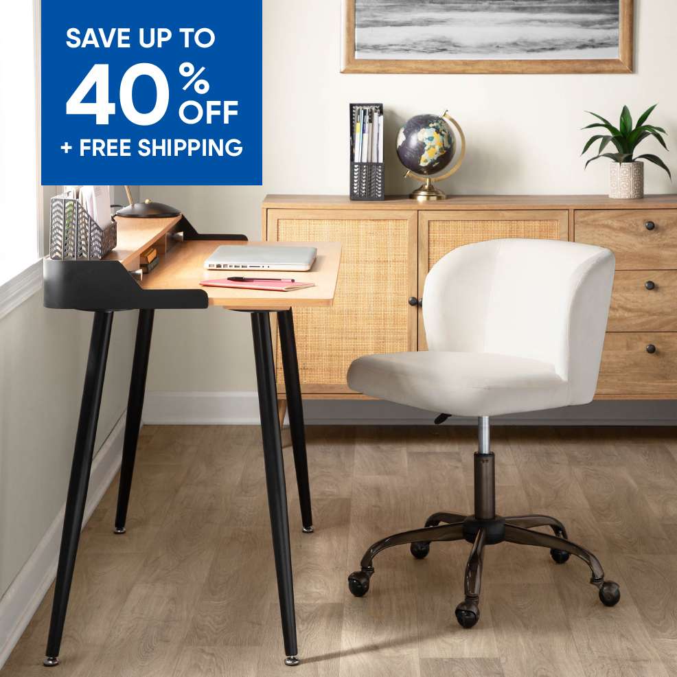 SAVE UP TO 40% OFF + FREE SHIPPING. A white office chair next to a wooden desk.
