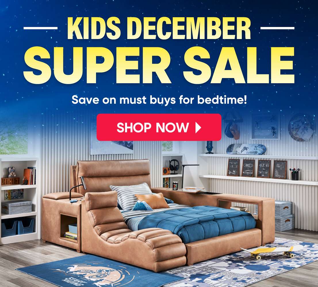 KIDS DECEMBER SUPER SALE. Shop now. A brown bed with a blue blanket.