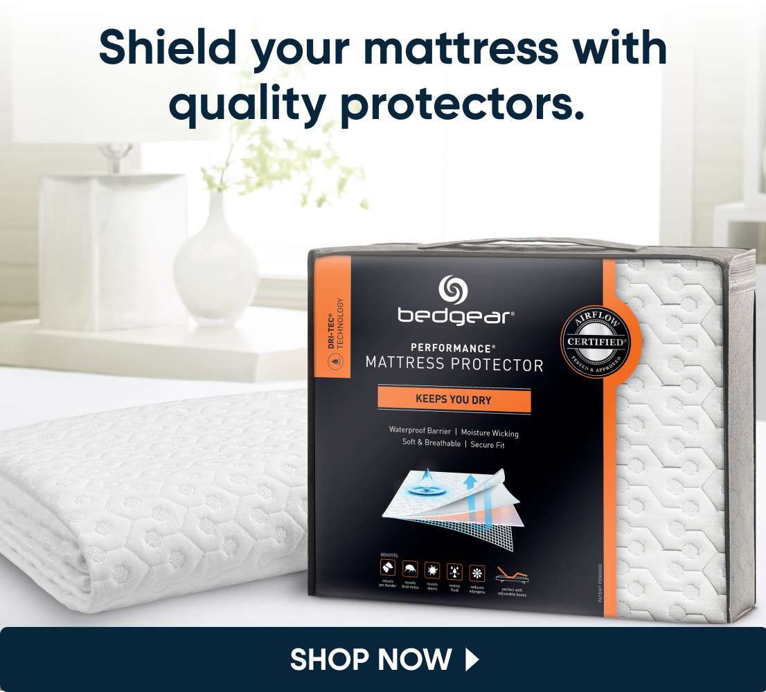 Mattress protector with "bedgear" branding. "Shop Now" button.