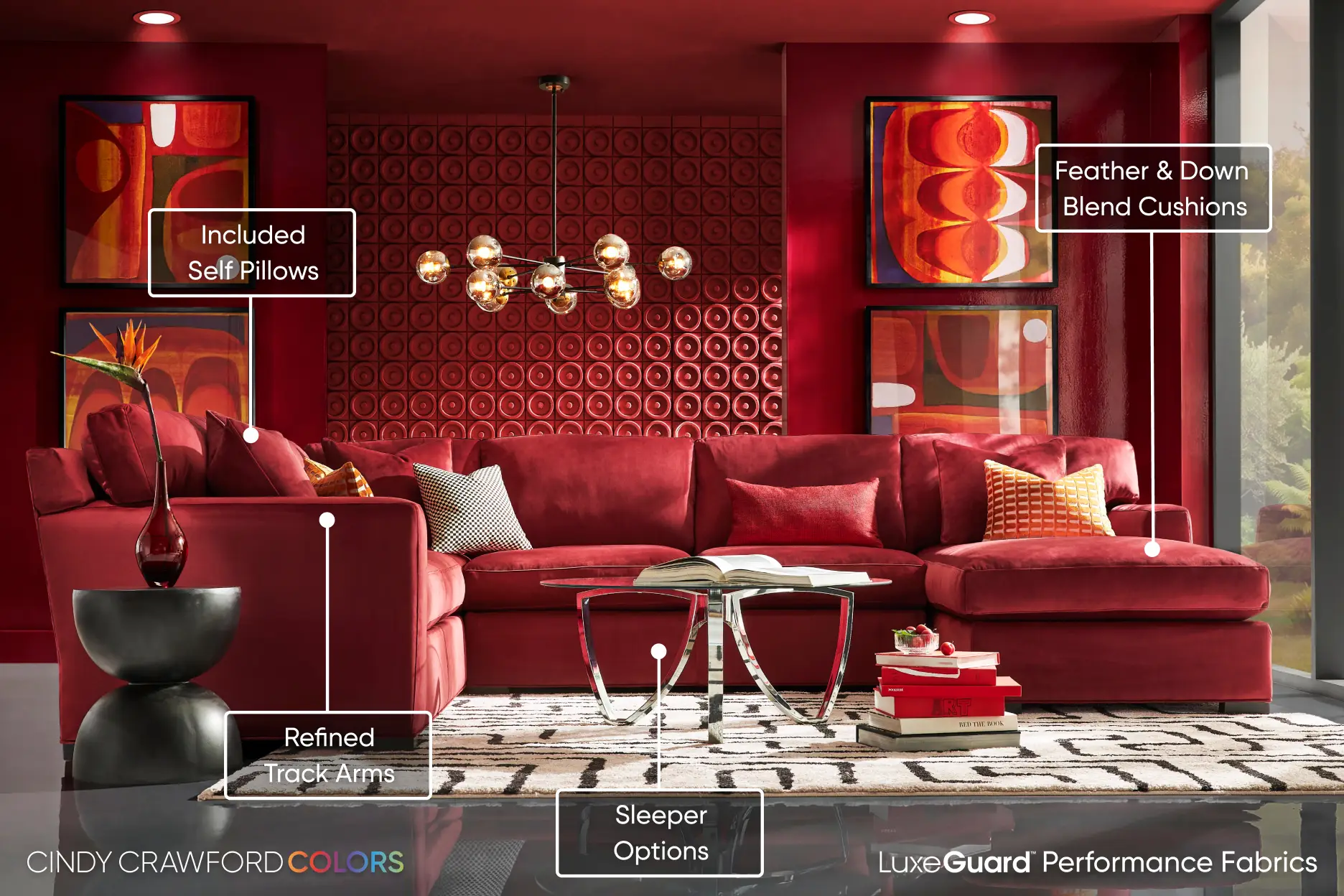 Cindy Crawford Colors LuxeGuard Performance Fabrics: A red sectional sofa with track arms, sleeper options, and down cushions.