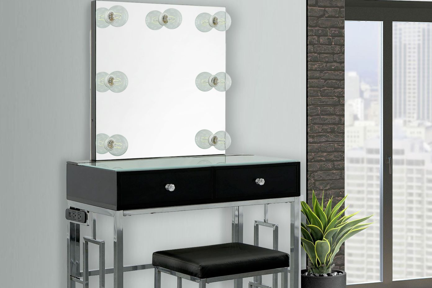 Vanity table with a mirror and lights.
