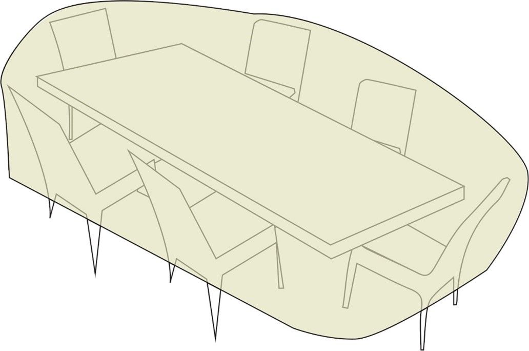 A beige outdoor dining set covered with a protective cover.
