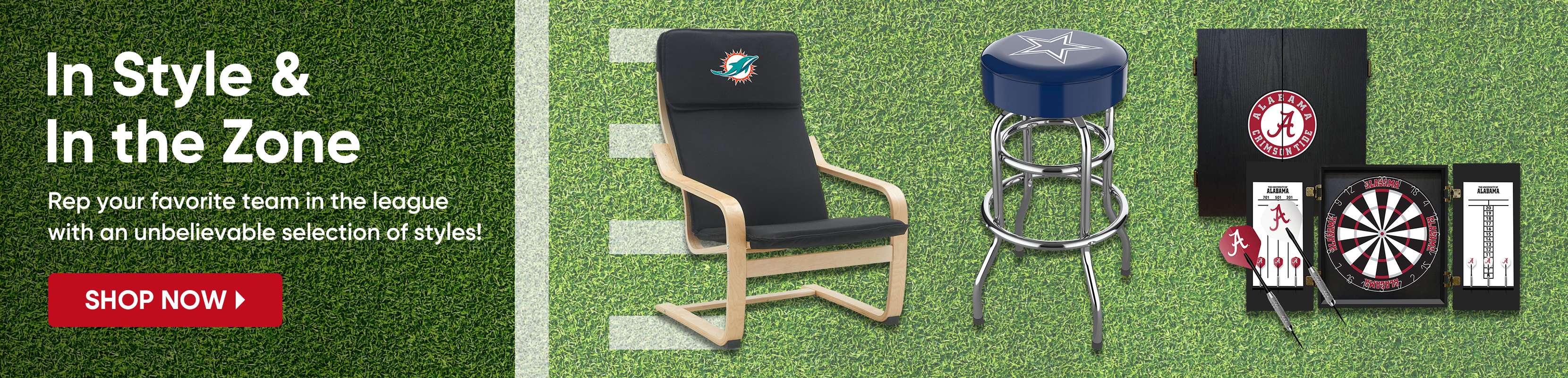Image of sports-themed furniture and dartboard set on a green field background.
