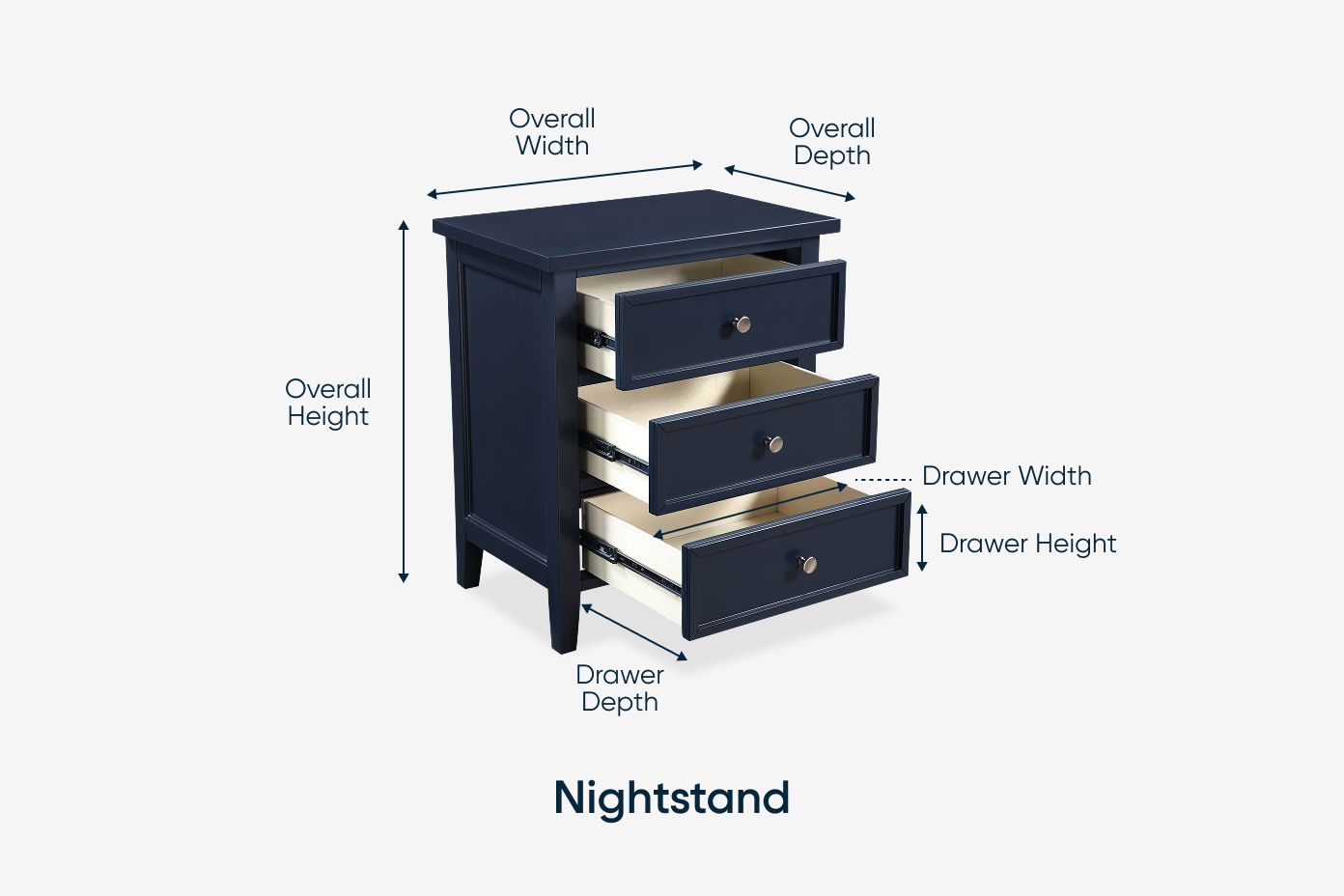 Nightstand with dimensions labeled: overall width, depth, and height; drawer width, depth, and height.

