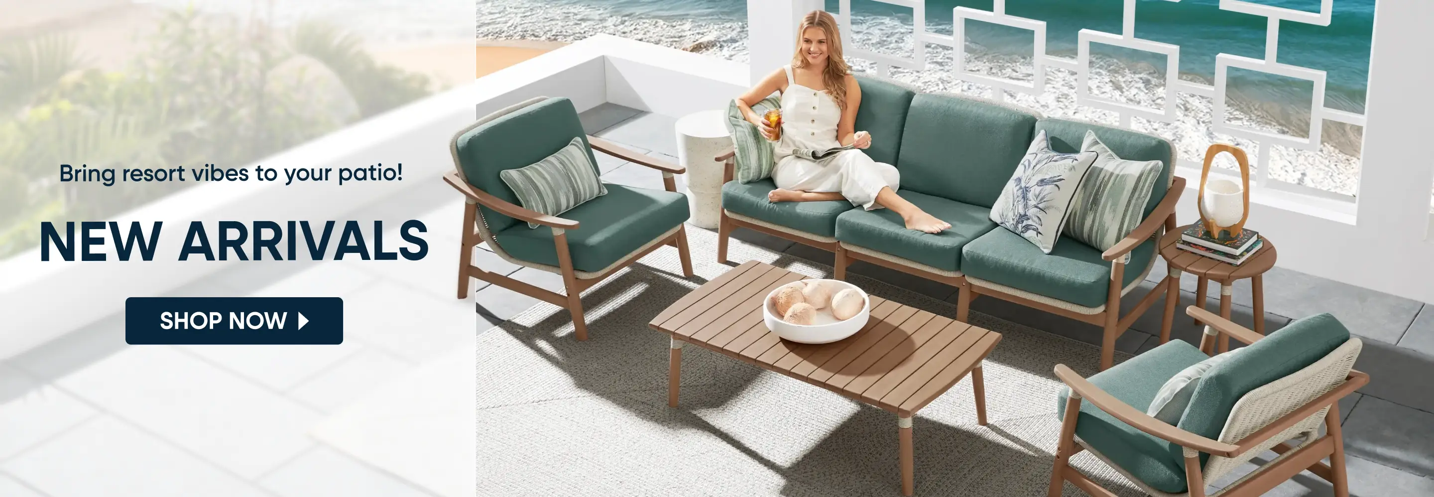 Bring resort vibes to your patio! NEW ARRIVALS. A woman relaxes on a teal outdoor sofa set on a sunny patio.