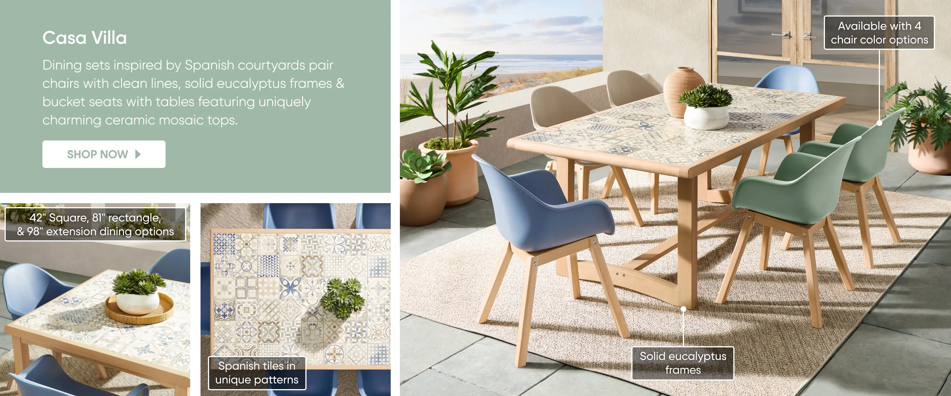 Casa Villa dining sets featuring solid eucalyptus frames, bucket chairs in four colors, and ceramic mosaic tile tops.
