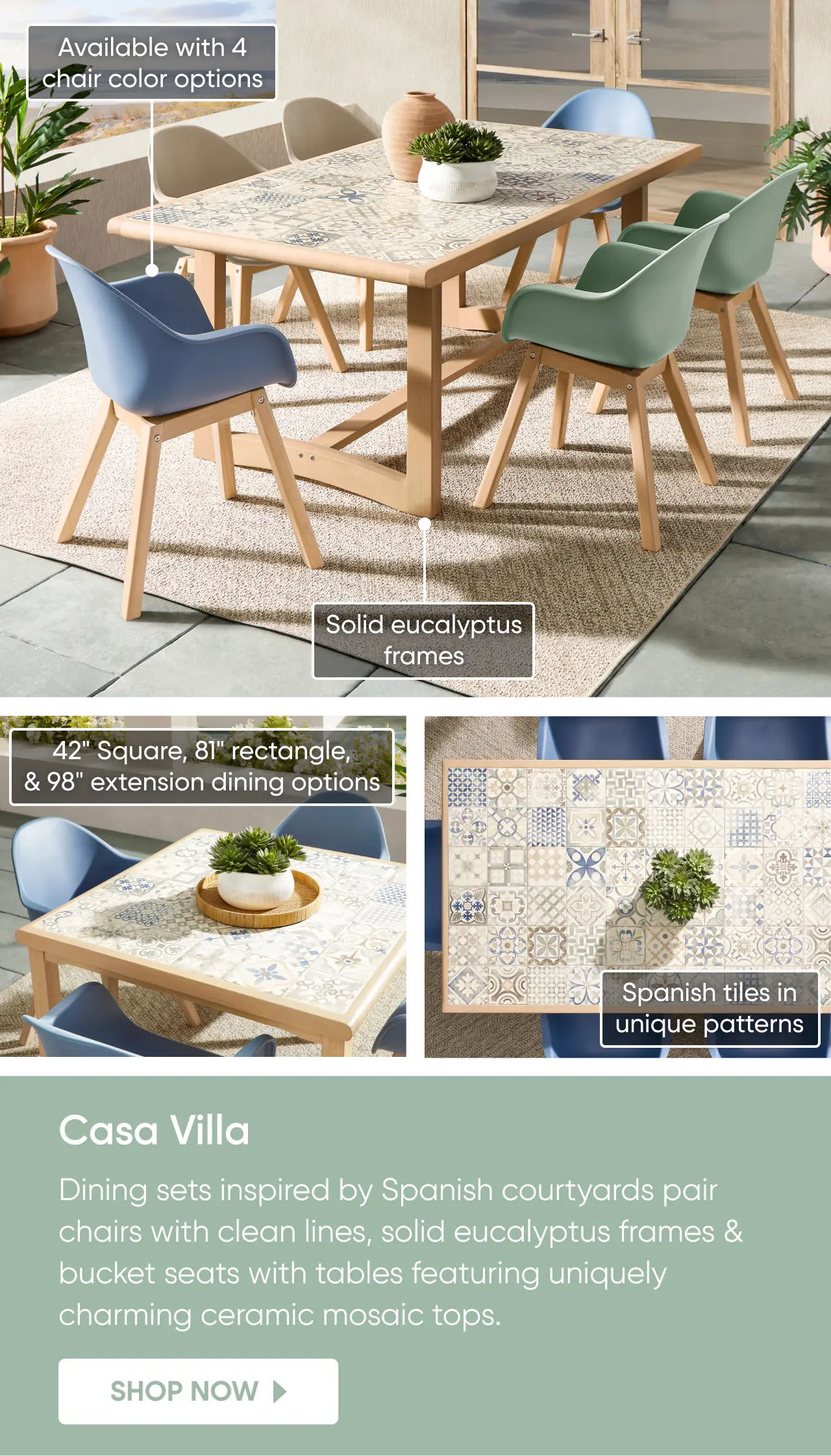 Casa Villa dining sets featuring solid eucalyptus frames, bucket chairs in four colors, and ceramic mosaic tile tops.