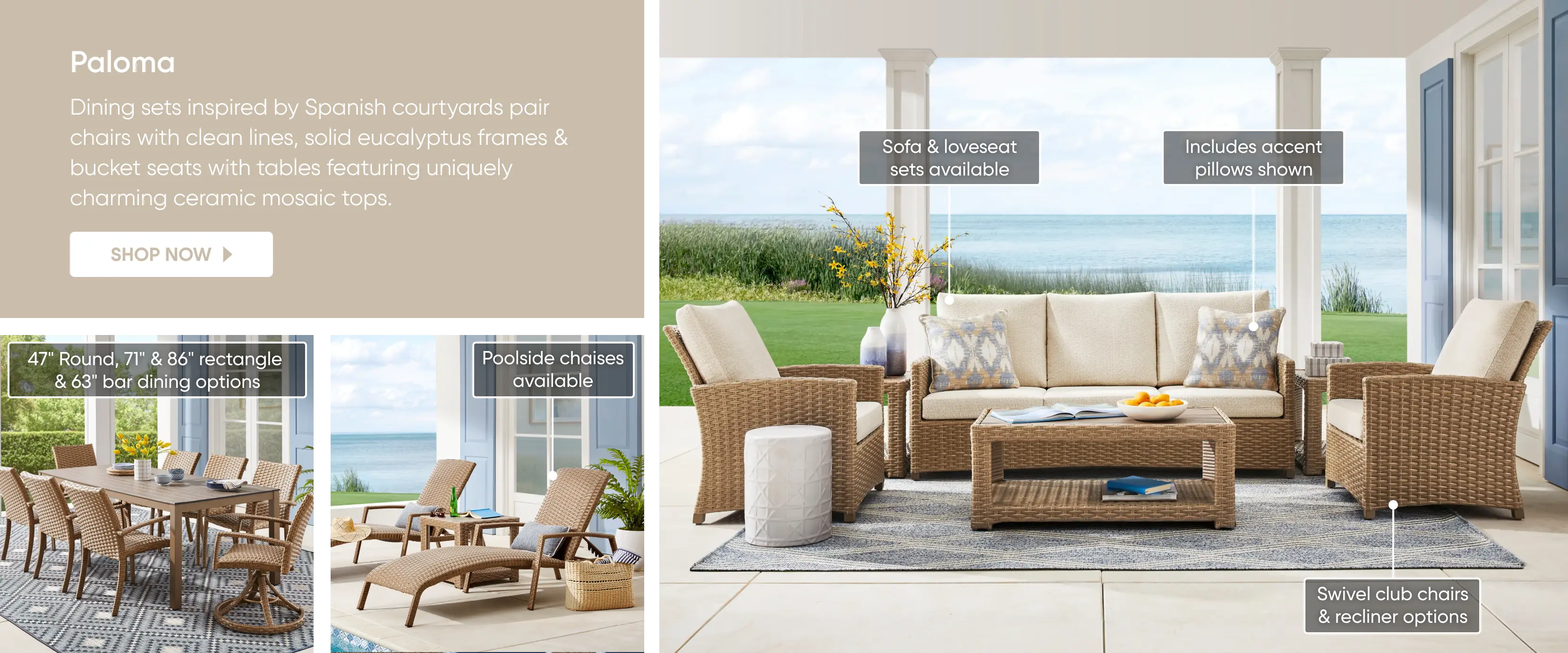 Paloma outdoor furniture collection featuring dining sets, sofas, loveseats, club chairs, and poolside chaises.