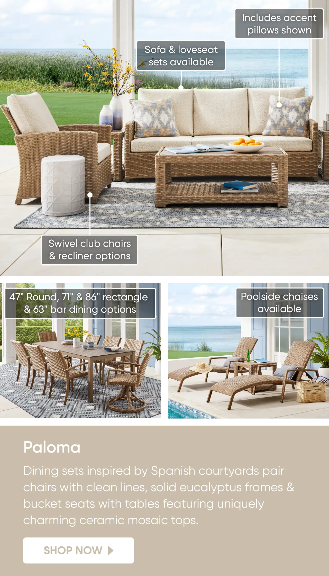 Paloma outdoor furniture collection featuring dining sets, sofas, loveseats, club chairs, and poolside chaises.