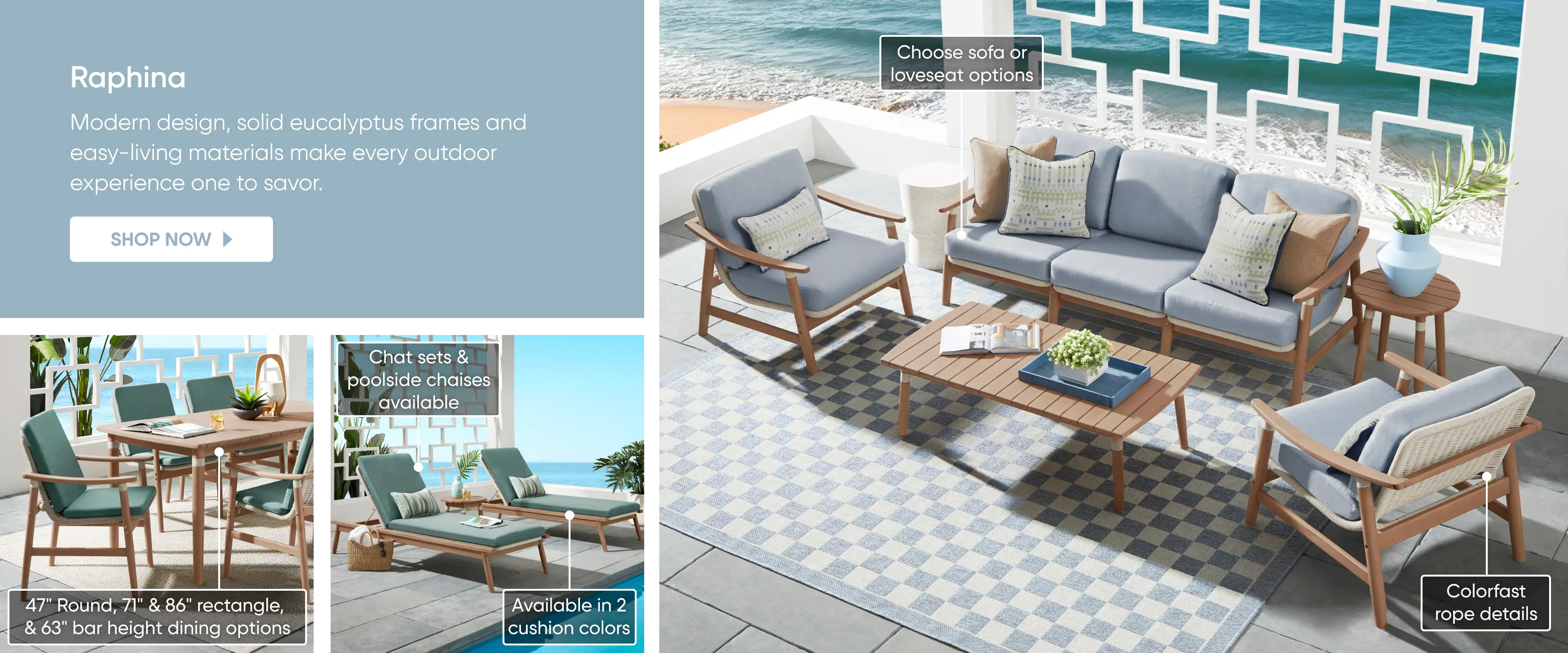 Raphina outdoor furniture collection featuring eucalyptus frames, sofa, loveseat, dining sets, and poolside chaises.
