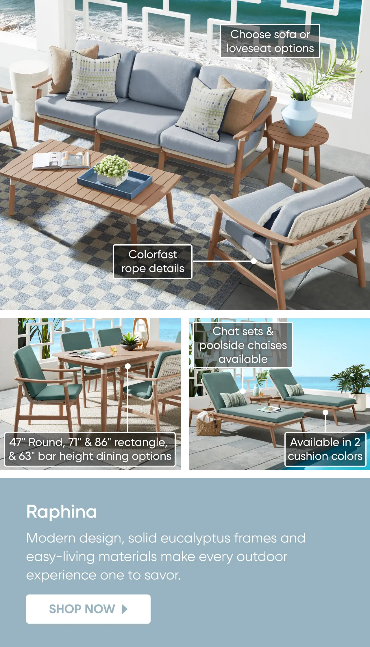 Raphina outdoor furniture collection featuring eucalyptus frames, sofa, loveseat, dining sets, and poolside chaises.