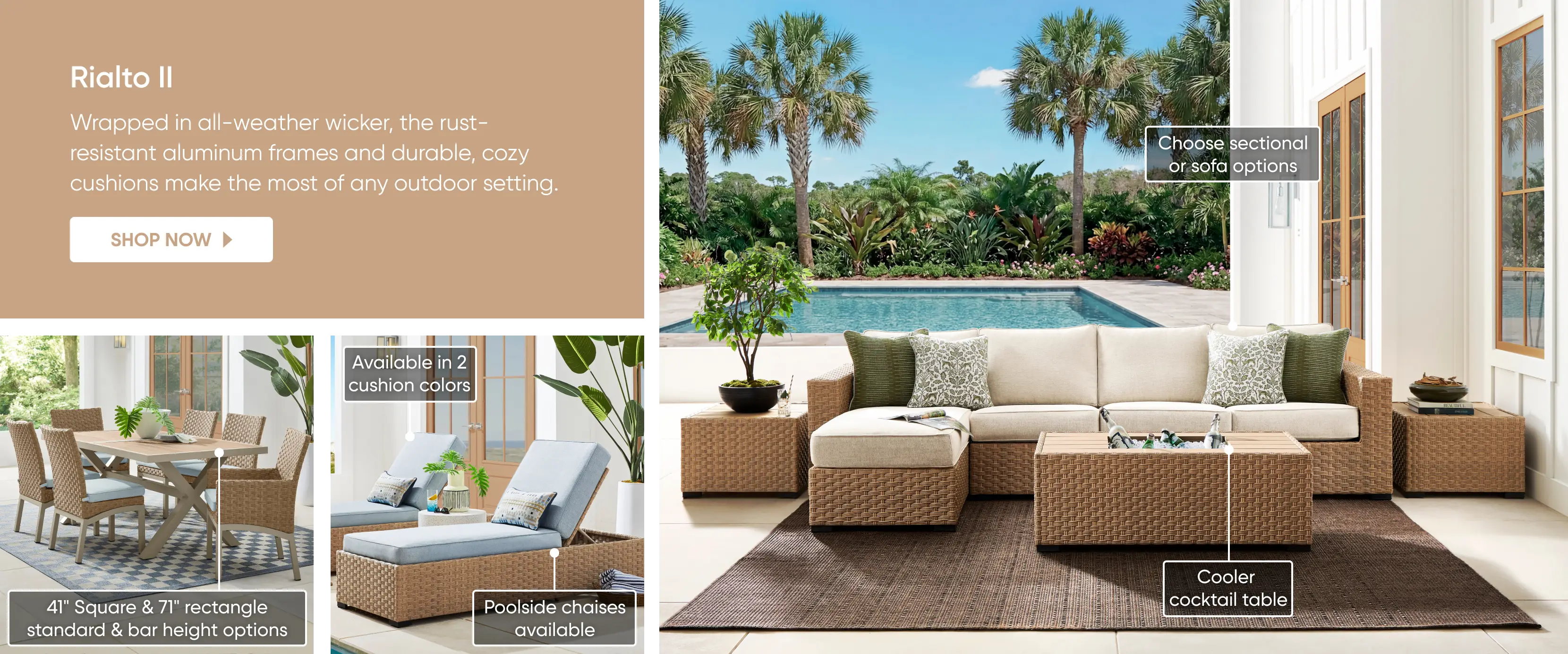Rialto II outdoor furniture collection featuring wicker sectional sofas, dining sets, and pool chaises.