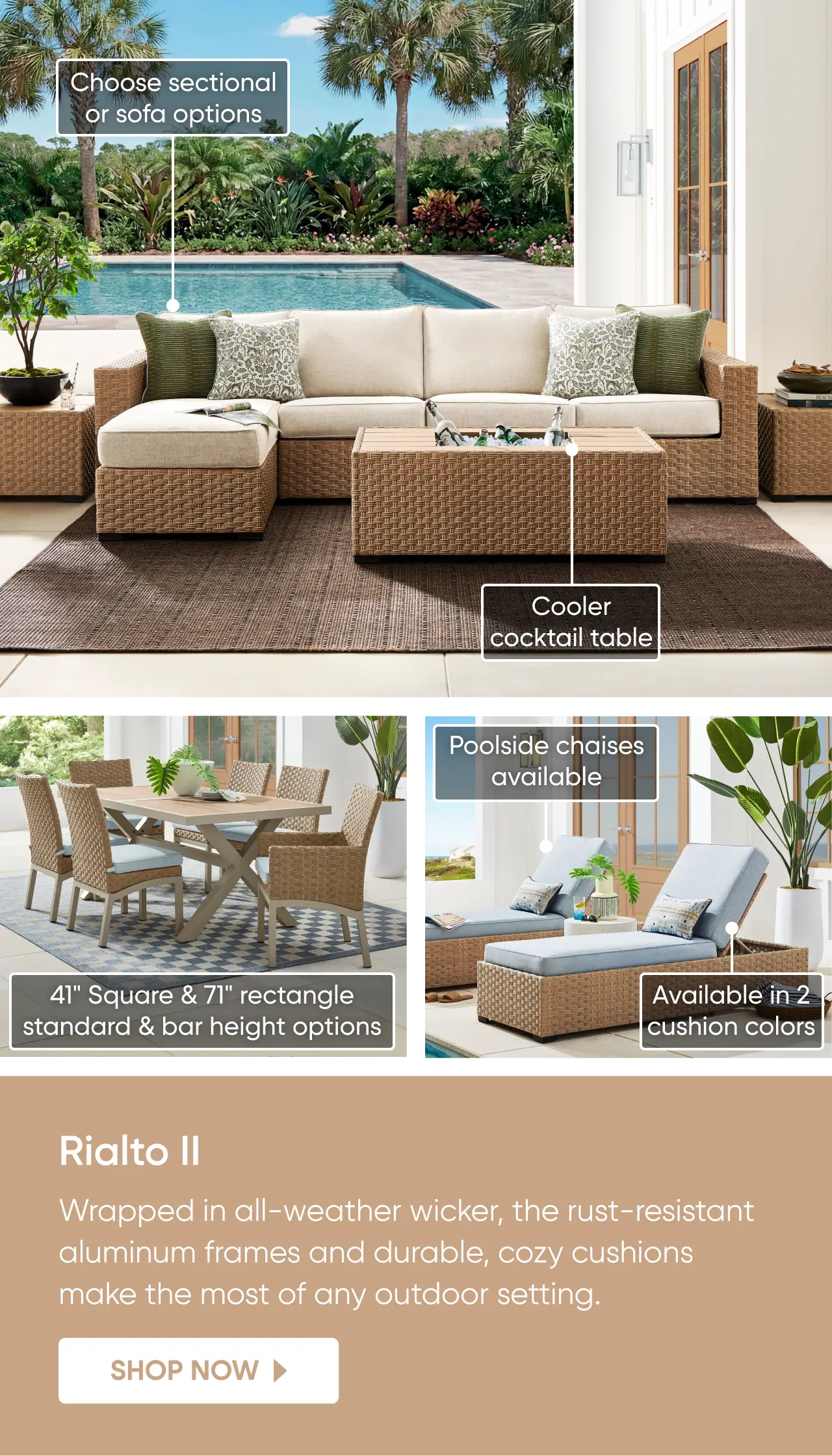 Rialto II outdoor furniture collection featuring wicker sectional sofas, dining sets, and pool chaises.