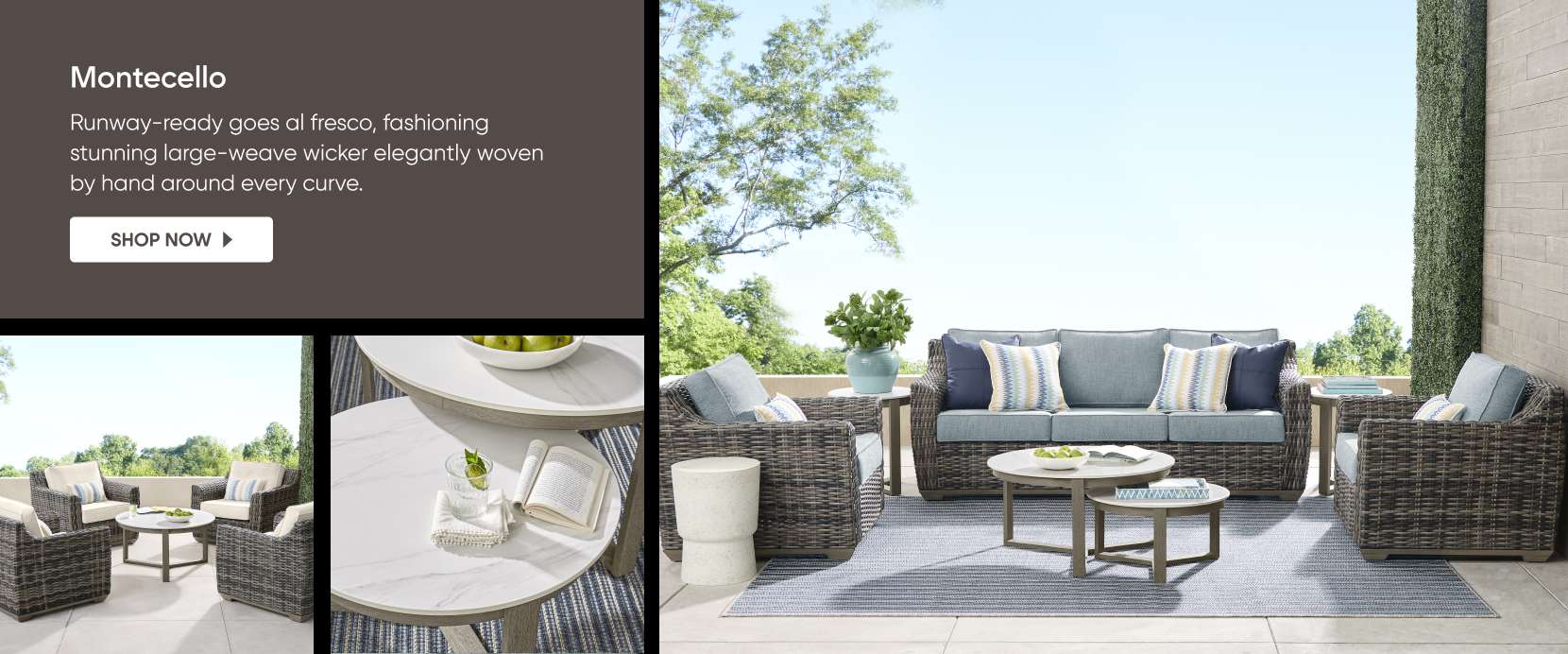 Montecello. Outdoor furniture set with wicker chairs, sofa, and tables.
