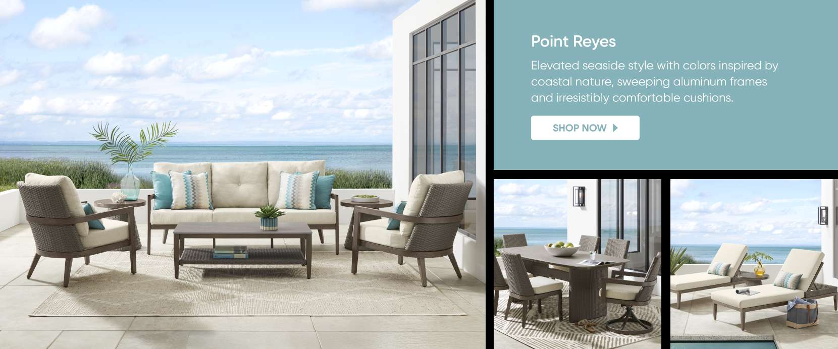 Point Reyes. Outdoor furniture set with a sofa, chairs, and coffee table.
