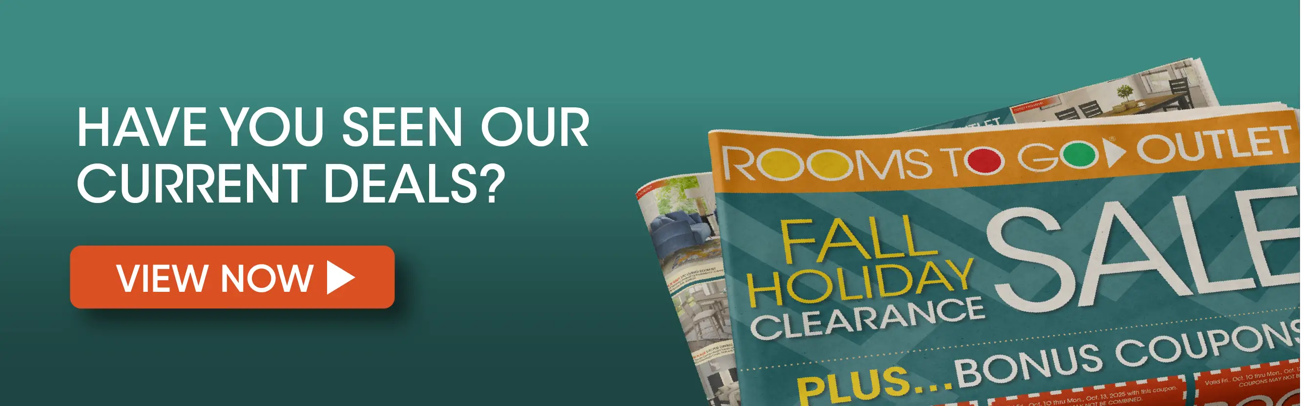 Rooms To Go Outlet Fall Holiday Clearance Sale advertisement with a View Now button.
