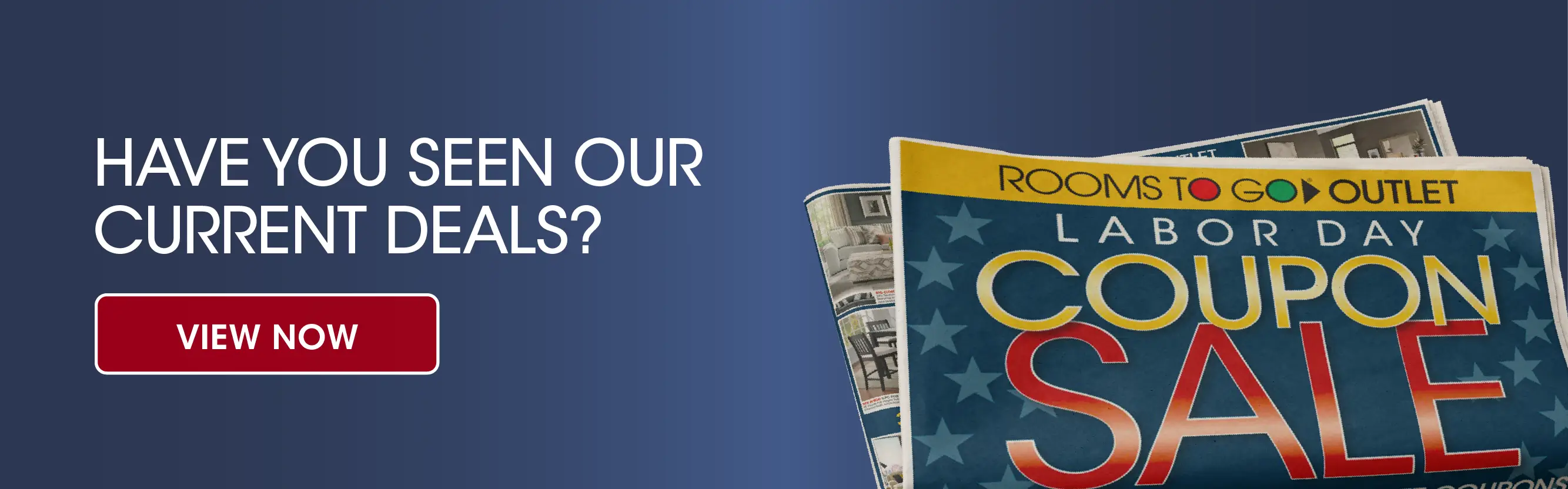 Rooms To Go Outlet Labor Day Coupon Sale advertisement with a View Now button.